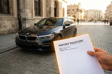 Samochód bez tablicy na zagranicznym parkingu i potwierdzenie zgłoszenia z miejscowej Policji