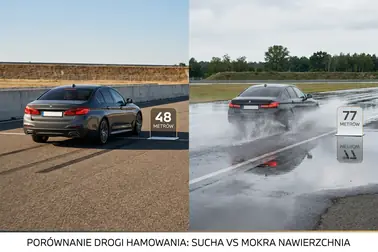Samochód hamujący na suchej i mokrej nawierzchni z różnymi długościami odcinka hamowania
