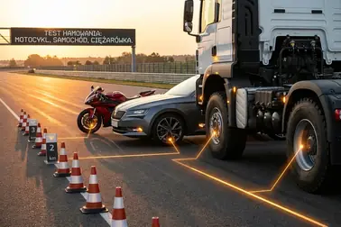 Samochód osobowy, motocykl i ciężarówka podczas hamowania