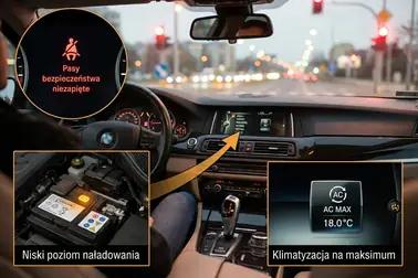 Samochód podczas postoju z zaznaczonym akumulatorem, klimatyzacją, pasem bezpieczeństwa i temperaturą silnika