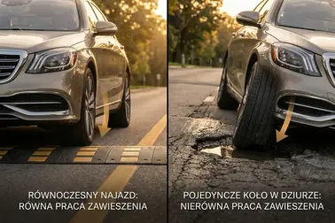 Samochód przejeżdżający jednym i dwoma kołami przez nierówność