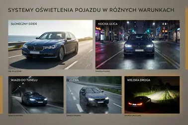 Samochód używający odpowiednich świateł w dzień, nocą, w tunelu, podczas opadów i na nieoświetlonej drodze