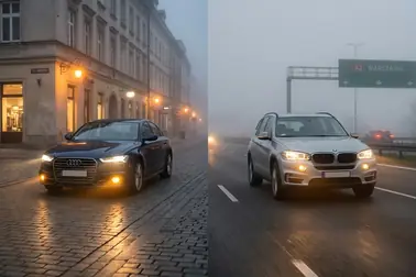 Samochód we mgle na ulicy miejskiej oraz na autostradzie
