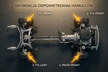 Samochód widziany z góry ze strzałkami pokazującymi przykładową kolejność odpowietrzania czterech kół