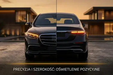 Samochód widziany z przodu i z tyłu z zaznaczonymi skrajnymi światłami pozycyjnymi