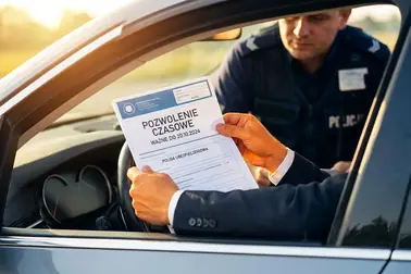 Samochód z tablicami tymczasowymi podczas kontroli dokumentów przed wyjazdem