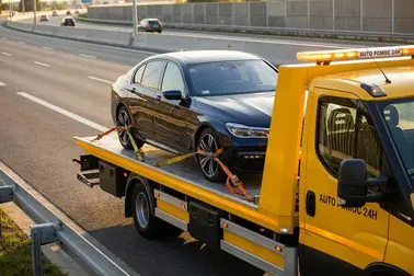 Samochód z uszkodzoną końcówką drążka transportowany na platformie pomocy drogowej