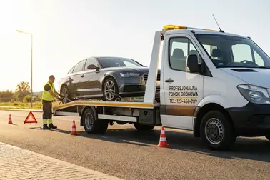 Samochód z uszkodzoną skrzynią biegów na lawecie platformowej