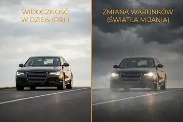 Samochody jadące w pochmurny dzień oraz podczas opadu ograniczającego widoczność