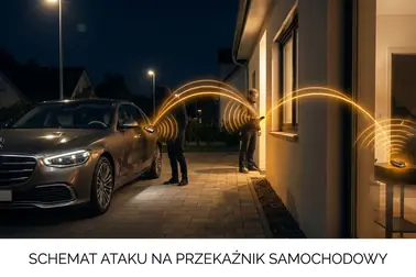 Schemat ataku przekaźnikowego pokazujący przesyłanie sygnału między kluczykiem w domu a samochodem