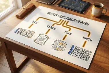 Schemat pięciu kosztów rejestracji samochodu: 54 zł, 67,50 zł, 72,50 zł, 160 zł i 1080 zł