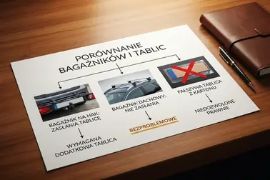 Schemat decyzji porównujący platformę zasłaniającą numer, bagażnik dachowy, wydruk i dwa samochody