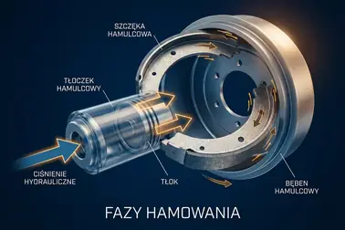 Schemat kolejnych faz rozpierania szczęk i ich kontaktu z wewnętrzną powierzchnią bębna
