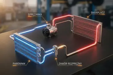 Schemat obiegu czynnika przez sprężarkę, skraplacz, element rozprężny i parownik klimatyzacji samochodowej