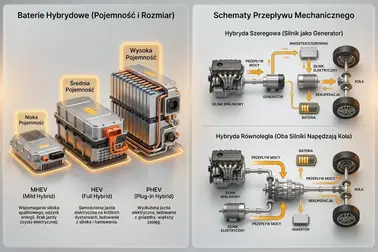 Schemat porównujący MHEV, HEV i PHEV oraz hybrydę szeregową i równoległą