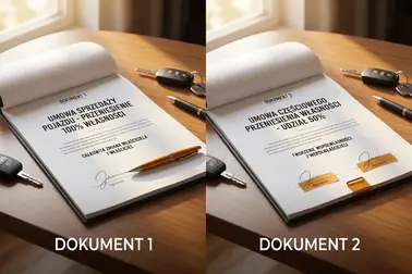 Schemat porównujący przekazanie całej własności samochodu z przekazaniem udziału prowadzącym do współwłasności
