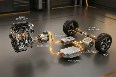 Schemat przepływu energii między silnikiem benzynowym, generatorem, falownikiem, akumulatorem, silnikiem elektrycznym i kołami w Nissan e-Power