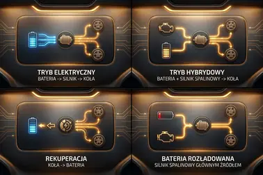 Schemat przepływu energii w hybrydzie plug-in: tryb elektryczny, hybrydowy, rekuperacja i jazda z pustą baterią
