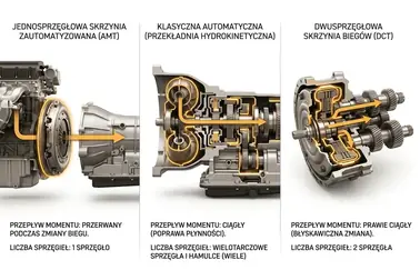 Schemat przepływu momentu i liczby sprzęgieł w skrzyniach AMT, automacie hydrokinetycznym i DCT