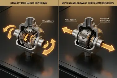 Schemat przepływu napędu przez otwarty mechanizm różnicowy i mechanizm z włączoną blokadą