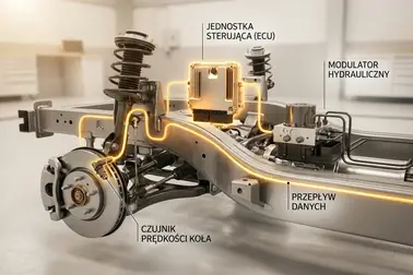 Schemat przepływu sygnału od czujników kół do sterownika i modulatora ABS