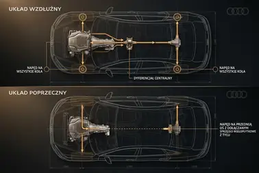 Schemat różnych odmian napędu Audi quattro zależnych od architektury samochodu