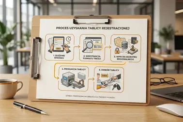 Schemat urzędowy: wniosek, kontrola formatu, wpis do ewidencji, produkcja i odbiór tablic