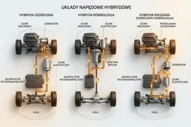 Schematy przepływu energii w hybrydzie szeregowej, równoległej i szeregowo-równoległej