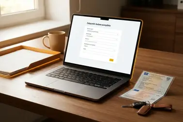 Siedem punktów kontroli wniosku online, w tym urząd, kanał, dane, załączniki, opłata, podpis i potwierdzenie.
