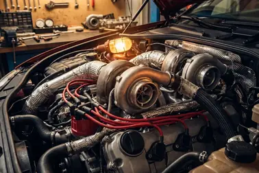 Silnik widlasty z zaznaczonymi rzędami cylindrów oraz elementami układu turbodoładowania