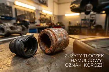 Skorodowany tłoczek hamulcowy ze śladami płynu i uszkodzoną osłoną przeciwpyłową