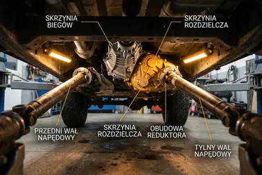 Skrzynia biegów, skrzynia rozdzielcza, reduktor oraz wały prowadzące do przedniej i tylnej osi
