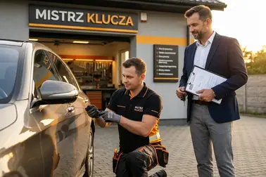 Specjalista potwierdza dokumenty właściciela przed awaryjnym otwarciem samochodu z kluczykiem w kabinie