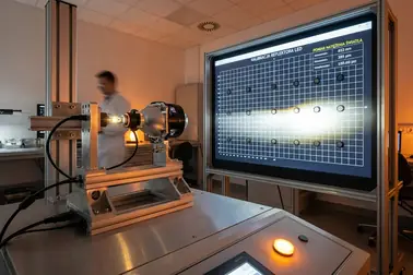 Stanowisko pomiarowe reflektora z żarówką H11 LED i ekranem analitycznym rozkładu wiązki