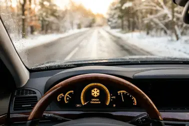 Symbol śnieżynki przy wskazaniu dodatniej temperatury zewnętrznej i śliskiej nawierzchni