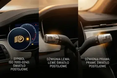 Symbol świateł postojowych z literą P oraz przykładowe oznaczenia lewej i prawej strony pojazdu