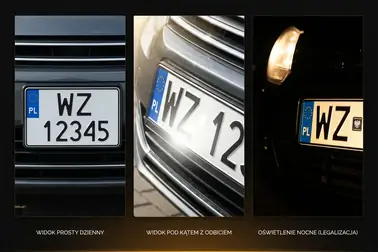 Ta sama tablica rejestracyjna widziana na wprost, pod kątem oraz po oświetleniu reflektorem