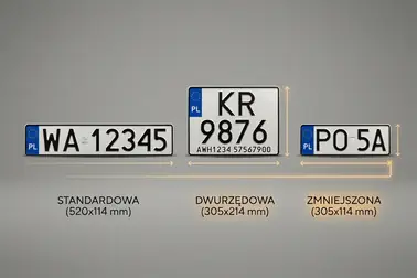 Tablice rejestracyjne 520 × 114 mm, 305 × 214 mm i 305 × 114 mm pokazane w proporcjonalnej skali
