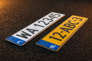 Tablice z kilku państw UE różniące się kolorem i układem znaków, z wyróżnionym eurobandem