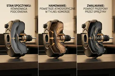 Trzy fazy działania serwa hamulcowego: spoczynek, hamowanie i zwolnienie pedału