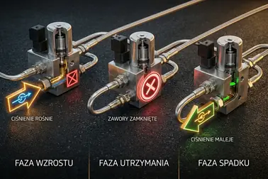 Trzy fazy pracy modulatora ABS: zmniejszanie, utrzymywanie i zwiększanie ciśnienia hamowania