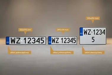 Trzy formaty tablic w równej skali z oznaczeniem układu rzędów: 520 × 114 mm, 305 × 114 mm oraz dwurzędowa 305 × 214 mm