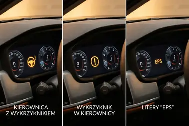 Trzy warianty ostrzeżenia o usterce wspomagania kierownicy: z wykrzyknikiem i napisem EPS