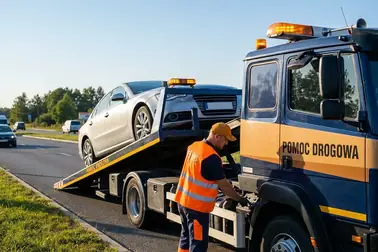 Uszkodzony samochód wciągany na lawetę pomocy drogowej