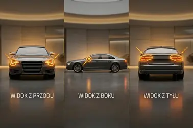 Widok samochodu z przodu, z boku i z tyłu z zaznaczonymi zespołami lamp