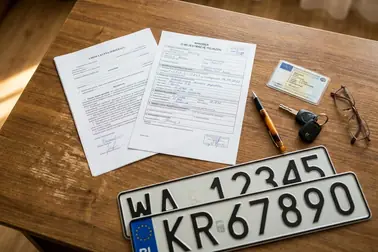 Wniosek, dokument własności, dowód rejestracyjny i tablice przygotowane do rejestracji auta