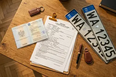 Wniosek, dowód rejestracyjny i tablice przygotowane do złożenia w urzędzie