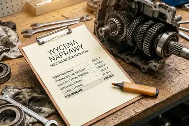 Wycena naprawy leżąca na blacie obok rozebranej skrzyni biegów