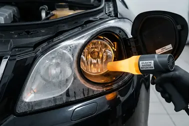 Zaparowany reflektor podczas kontrolowanego usuwania wilgoci z jego wnętrza