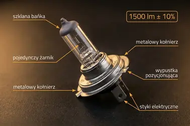 Żarówka H7 z opisanymi elementami i oznaczeniami H7, 12 V, 55 W oraz PX26d